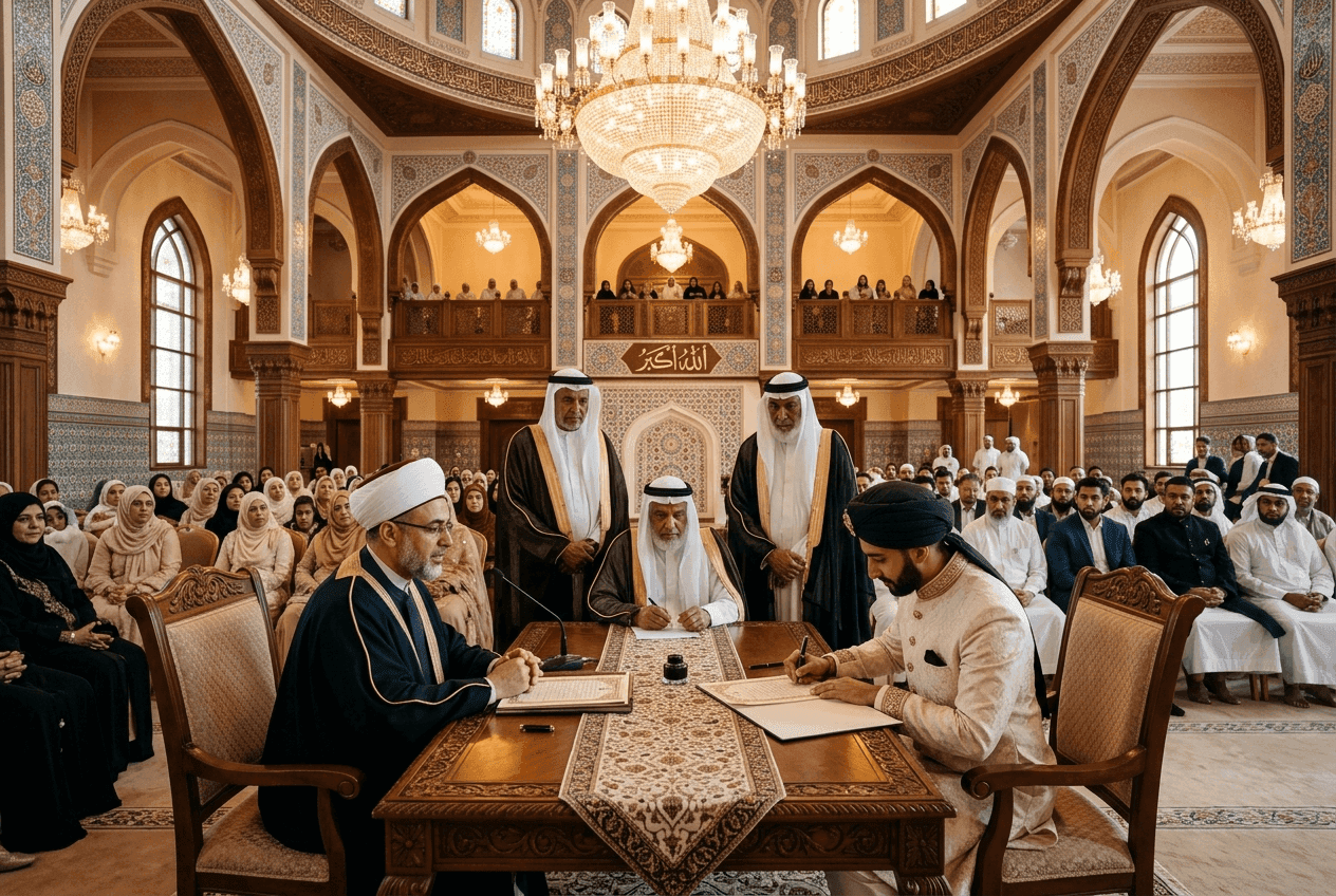 Imam presiding over the solemn Nikah contract signing with the groom, Wali, and witnesses in a grand hall