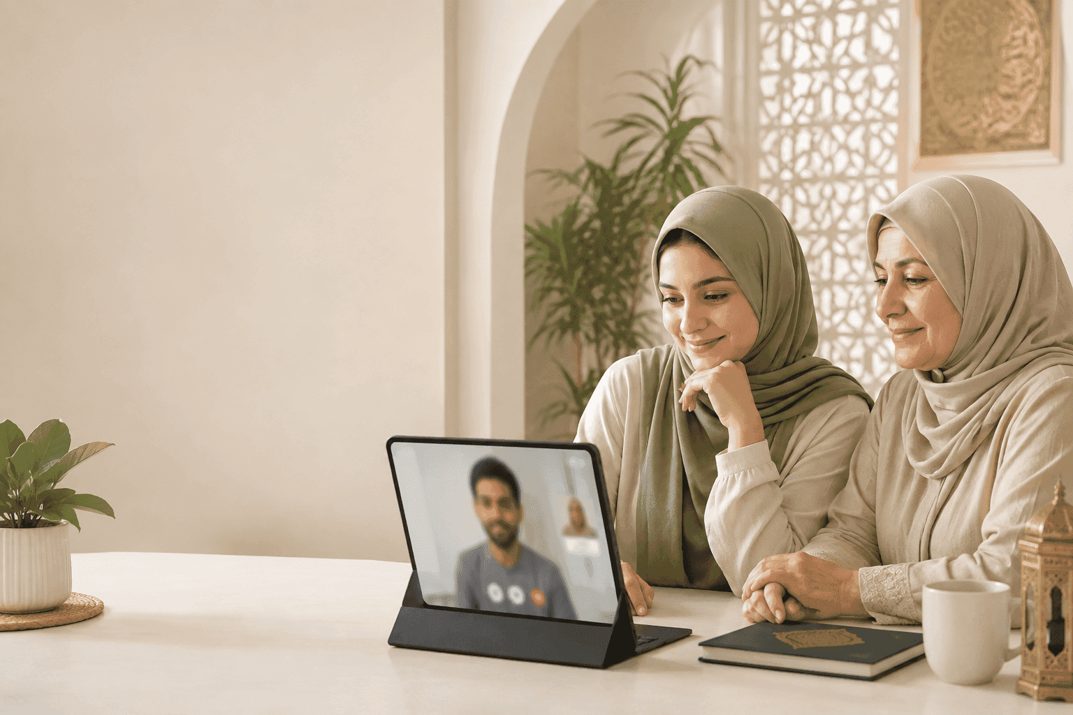 Muslim mother and daughter participating together in a halal online introduction video call on a tablet