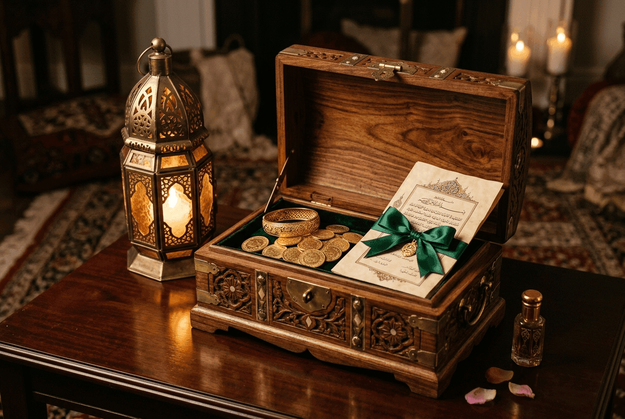 Ornate wooden and brass chest with traditional gold coins, jewelry, and Nikah contract scroll