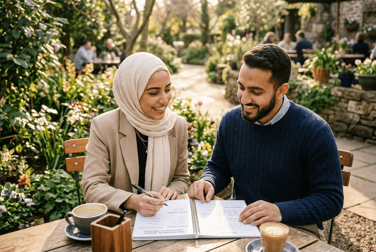 Prospective Muslim couple reviewing a premarital compatibility checklist at a sunlit garden table