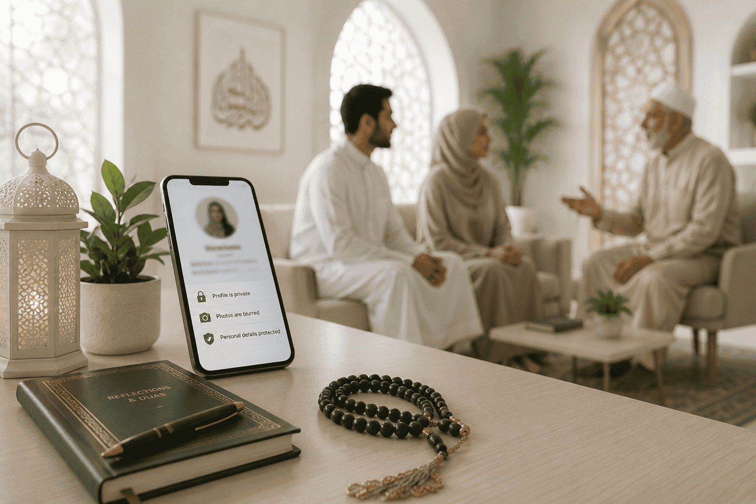 Smartphone displaying protected and blurred matrimony profile privacy settings alongside prayer beads