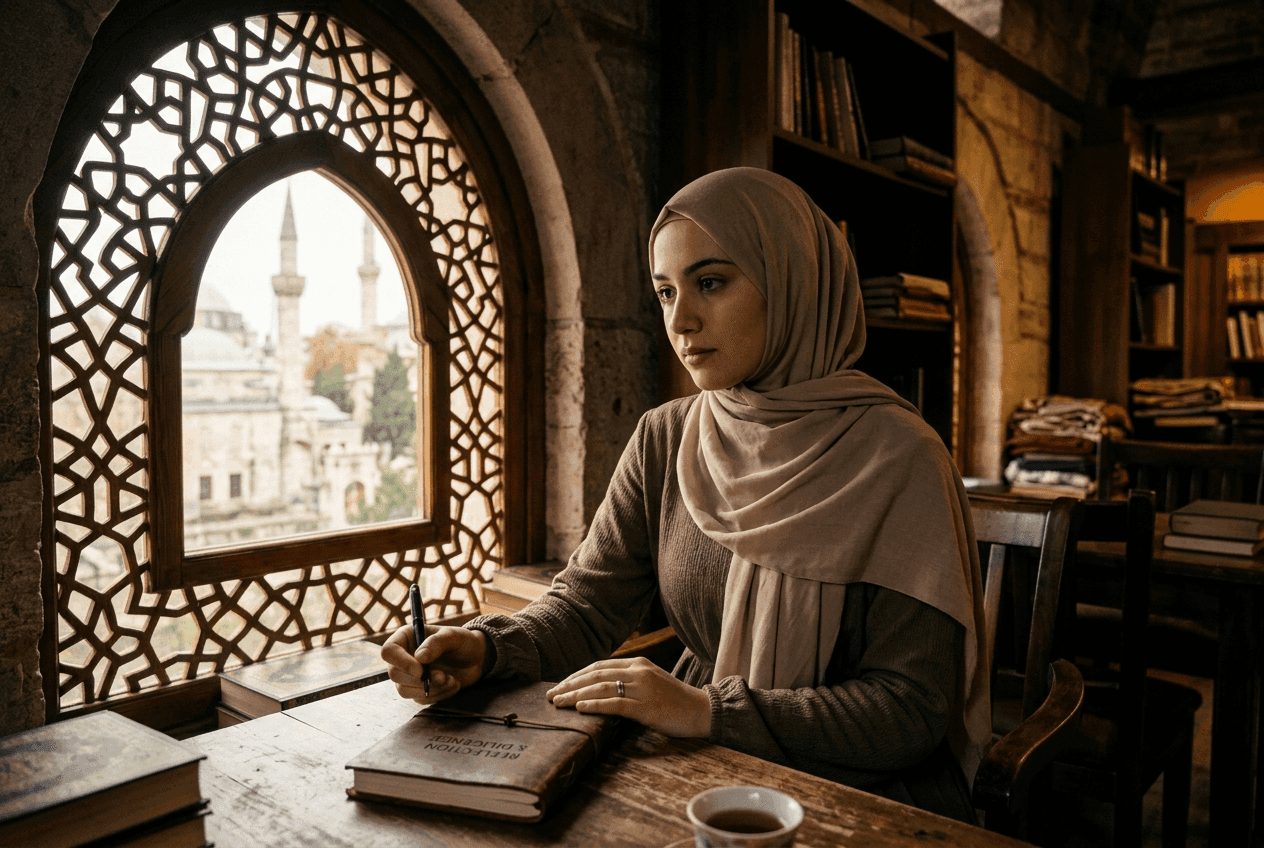 Reflective Muslim woman exercising caution and discernment with a journal beside an Islamic geometric window