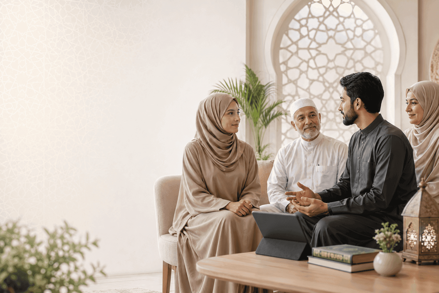 Muslim family and prospective spouses meeting in a dignified, halal home setting with Wali present