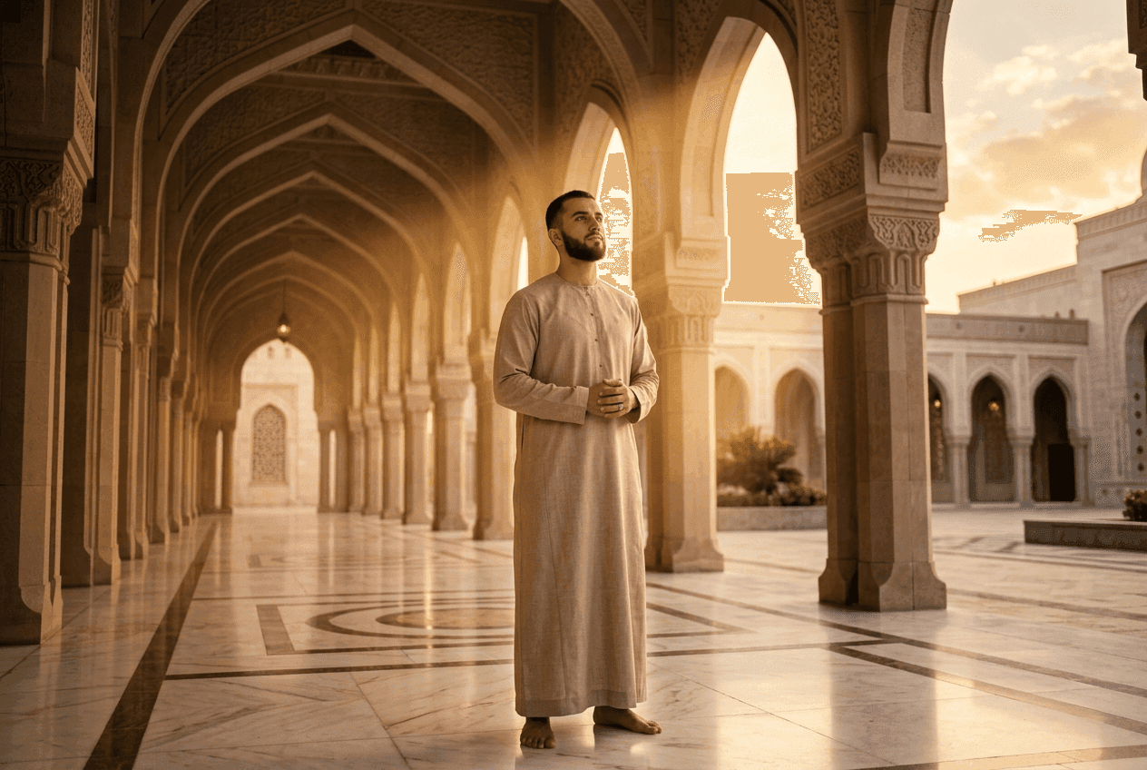 Practicing Muslim man reflecting in sincere contemplation beneath illuminated arches of a mosque during golden hour