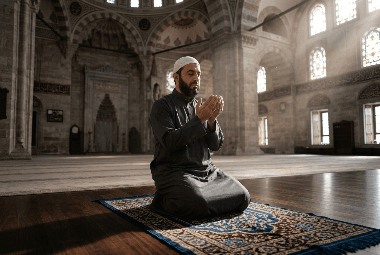 Muslim man making sincere Dua on a prayer mat inside a tranquil mosque bathed in morning sunlight